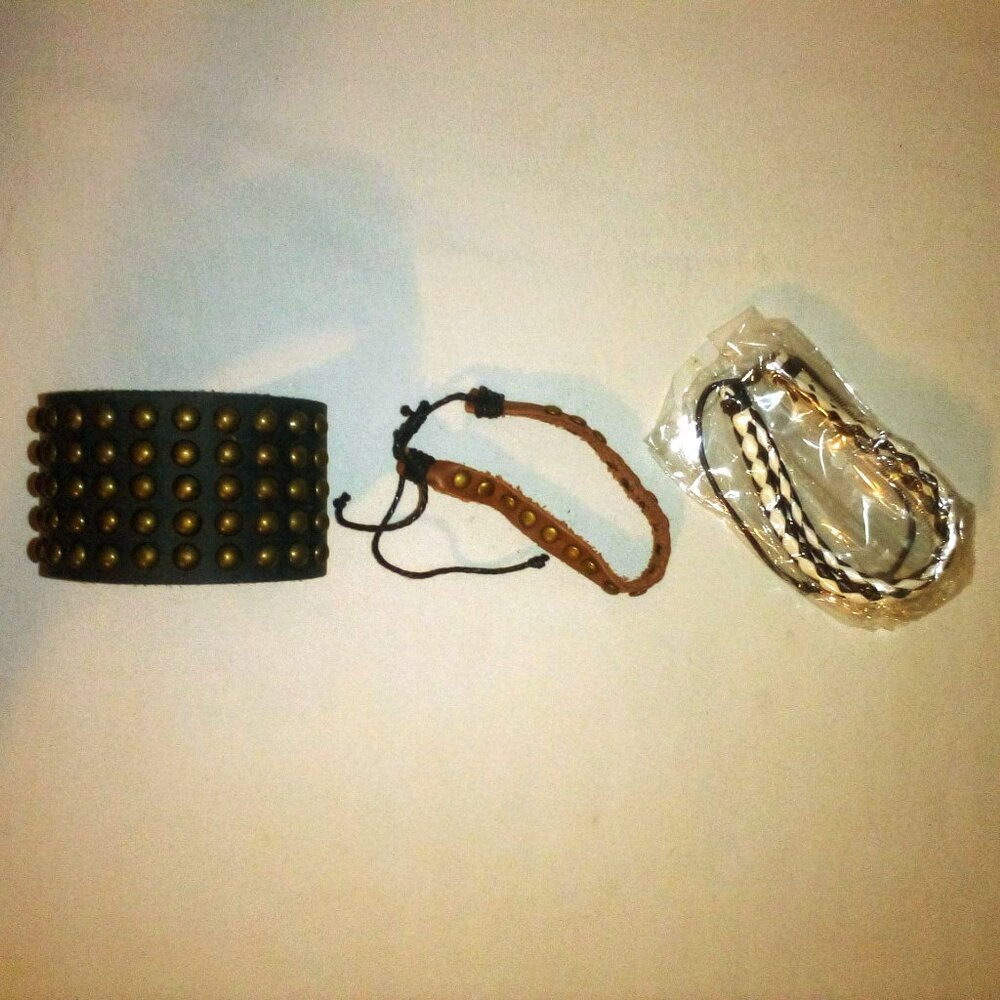 (2) Genuine Leather Gothic Cuffs & Bracelet Bundle: Fun. Unisex. New